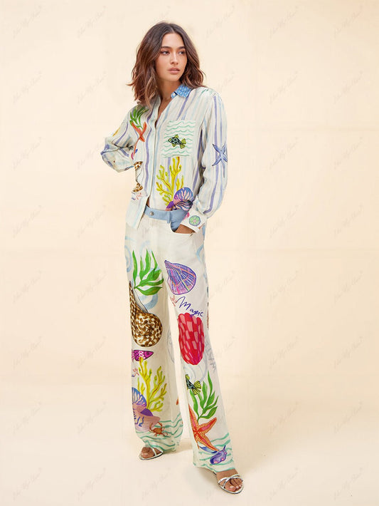 Ocean-Inspired Print Shirt & Wide-Leg Trousers Set | Vibrant Two-Piece Outfit