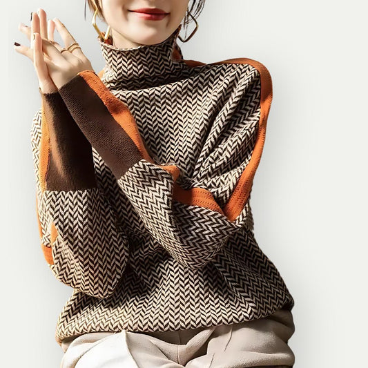 Chevron Knit Turtleneck Sweater | Contrast Striped Sleeves | Fall-Winter Pullover