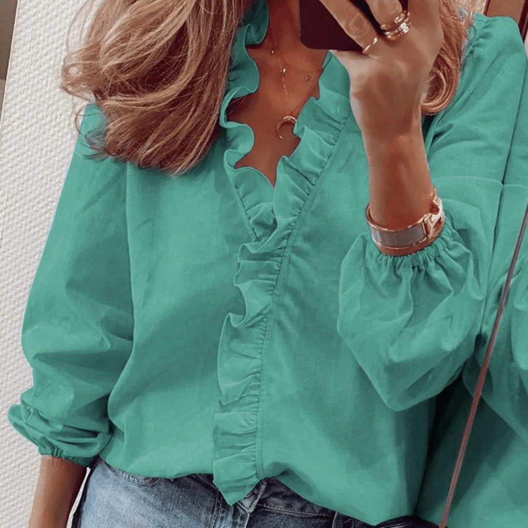 Ruffle Trim V-Neck Blouse | Long Sleeves | Relaxed Feminine Fit