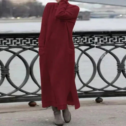 High-Neck Knit Midi Dress | Soft Ribbed Texture with Side Slits and Pockets