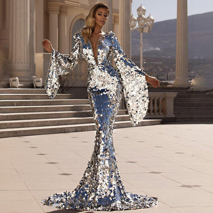 Sequinned Mermaid Gown | Bell Sleeve Detail | High-Impact Evening Wear | Formal Elegance