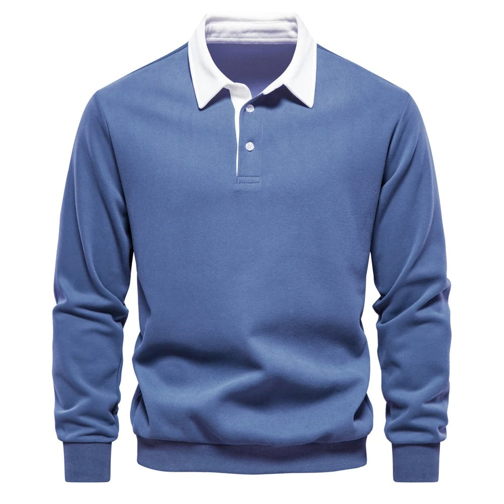 Men’s Long Sleeve Polo Sweatshirt | Ribbed Hem Rugby Style | Casual Smart-Collar Pullover