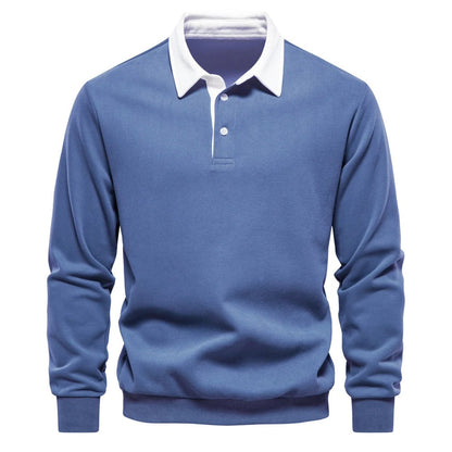 Men’s Long Sleeve Polo Sweatshirt | Ribbed Hem Rugby Style | Casual Smart-Collar Pullover