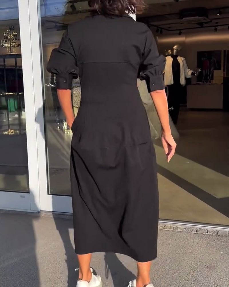 Collared Midi Dress | Relaxed Fit with Pockets and V-Neckline