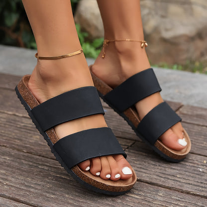 Double Strap Cork Sandals | Casual Slide-On Flats | Comfy Summer Footwear