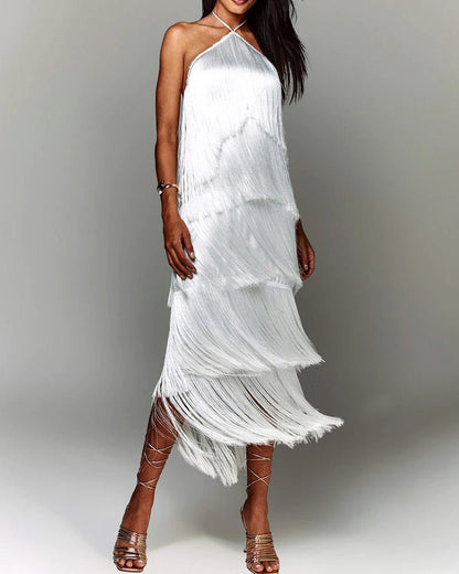 Fringe Halter Maxi Dress | Glamorous Statement Piece | Multicolour