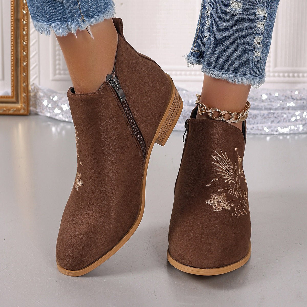 Embroidered Ankle Boots | Suede | Low Heel | Boho Chic