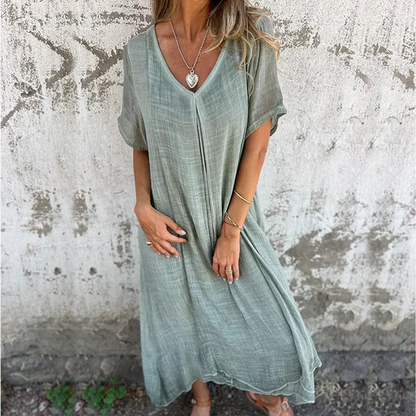 Oversized V-Neck Linen Dress | Raw Hem Midi | Breezy 3/4 Sleeve Fit