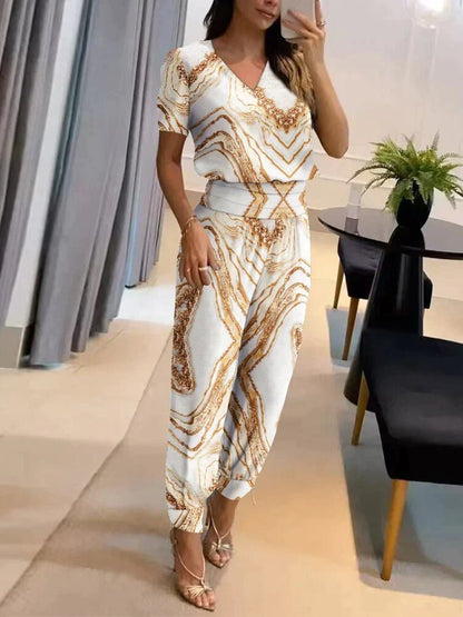 Two-Piece V-Neck Lounge Set | Short Sleeve Top & Jogger Pant | Soft Drape Fit