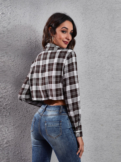 Cropped Plaid Shacket | Button-Down Design | Soft Polyester Blend | Trendy Casual Layer