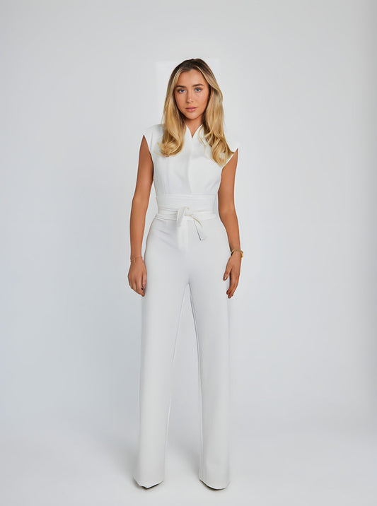 Sleeveless Jumpsuit | Belted Wide-Leg Tailored One-Piece | Chic Formal Daywear