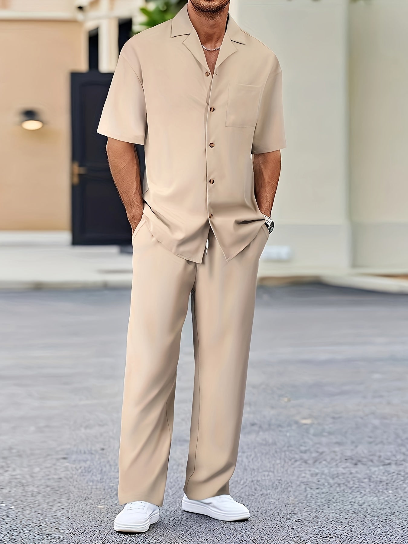 Men’s Two-Piece Resort Set | Short Sleeve Button Shirt & Pants | Lightweight Casual Co-ord