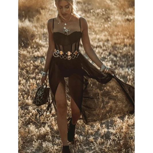 Sheer Boho Maxi Dress | Corset-Style Bodice with Slit Skirt | Festival Layering Piece
