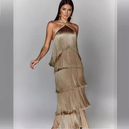 Fringe Halter Maxi Dress | Glamorous Statement Piece | Multicolour