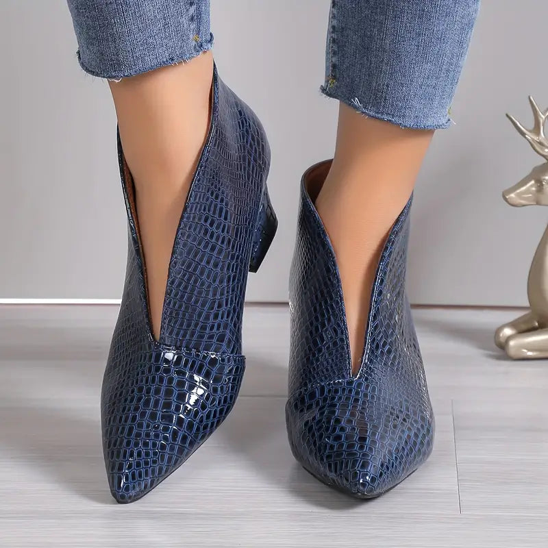Textured Ankle Boots | Snakeskin Look with Curved Cut | Mid Heel Western Style