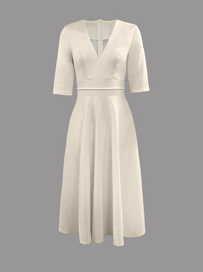 Fit-and-Flare Satin Midi Dress | V-Neckline | 3/4 Sleeves
