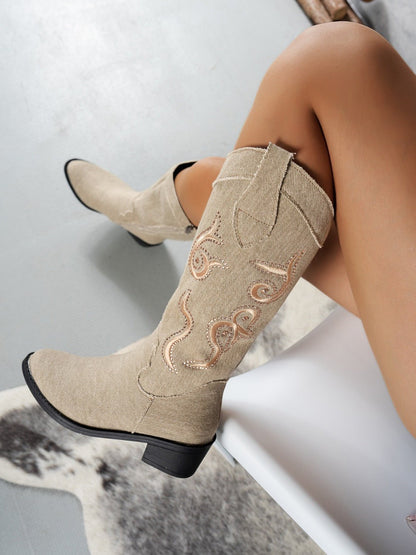 Embroidered Western Cowboy Boots | Faux Leather | Mid-Calf | Boho Style