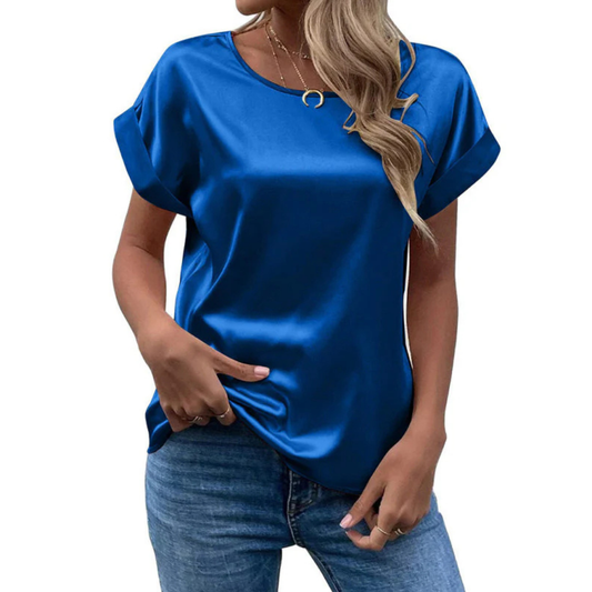 Short-Sleeve Satin Blouse | Relaxed Fit with Rolled Sleeves | Casual Chic Top