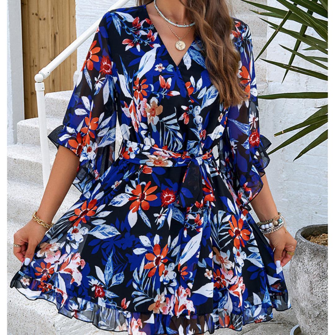 Floral Chiffon Mini Dress | Belted Waist | Ruffle Sleeve Detail