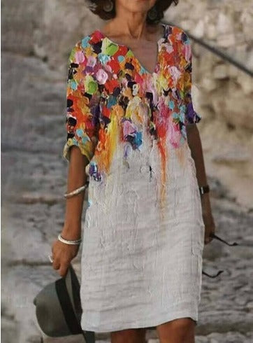 Abstract Print Linen Dress | V-Neck Half Sleeve | Textured Art-Inspired Fit