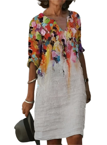 Abstract Print Linen Dress | V-Neck Half Sleeve | Textured Art-Inspired Fit