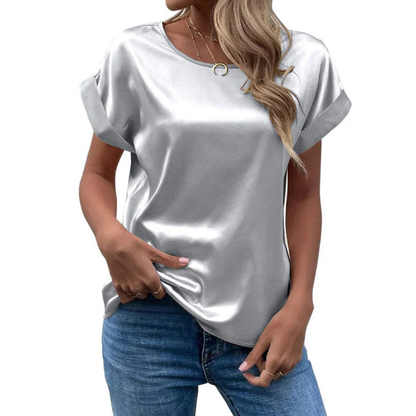 Short-Sleeve Satin Blouse | Relaxed Fit with Rolled Sleeves | Casual Chic Top