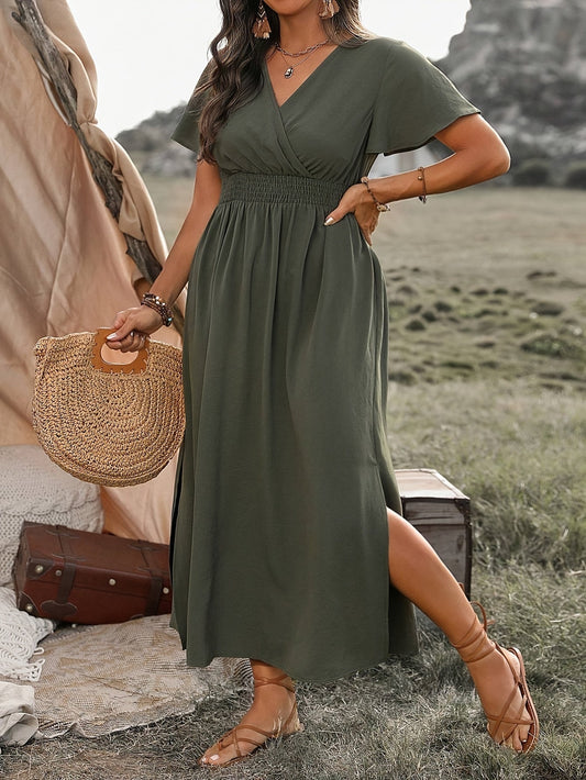 Flutter Sleeve Maxi Dress | Smocked Waist | Side Slit Boho Style