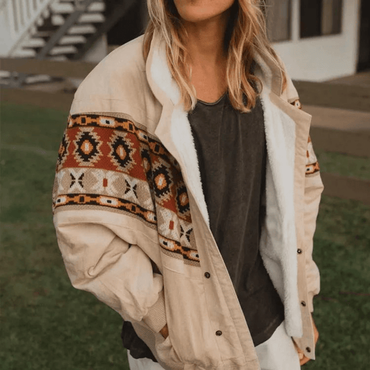 Bohemian Embroidered Jacket | Warm Sherpa Lining | Relaxed Fit | Western-Inspired Style