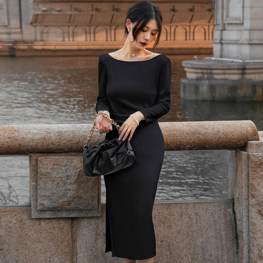 Boat Neck Midi Dress | Long Sleeve | Elegant Slim Silhouette