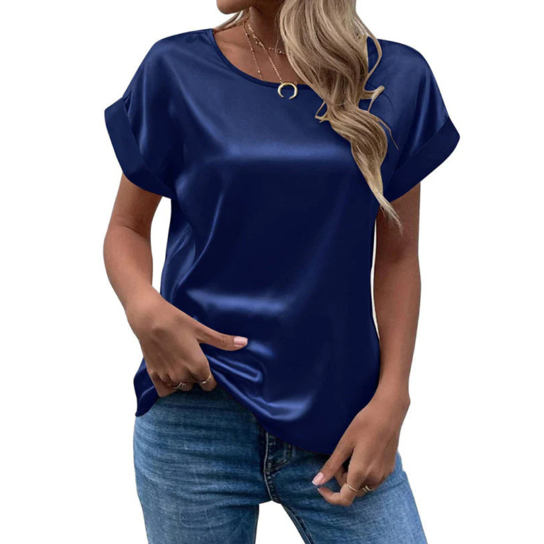 Short-Sleeve Satin Blouse | Relaxed Fit with Rolled Sleeves | Casual Chic Top