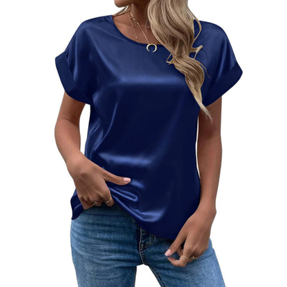 Short-Sleeve Satin Blouse | Relaxed Fit with Rolled Sleeves | Casual Chic Top