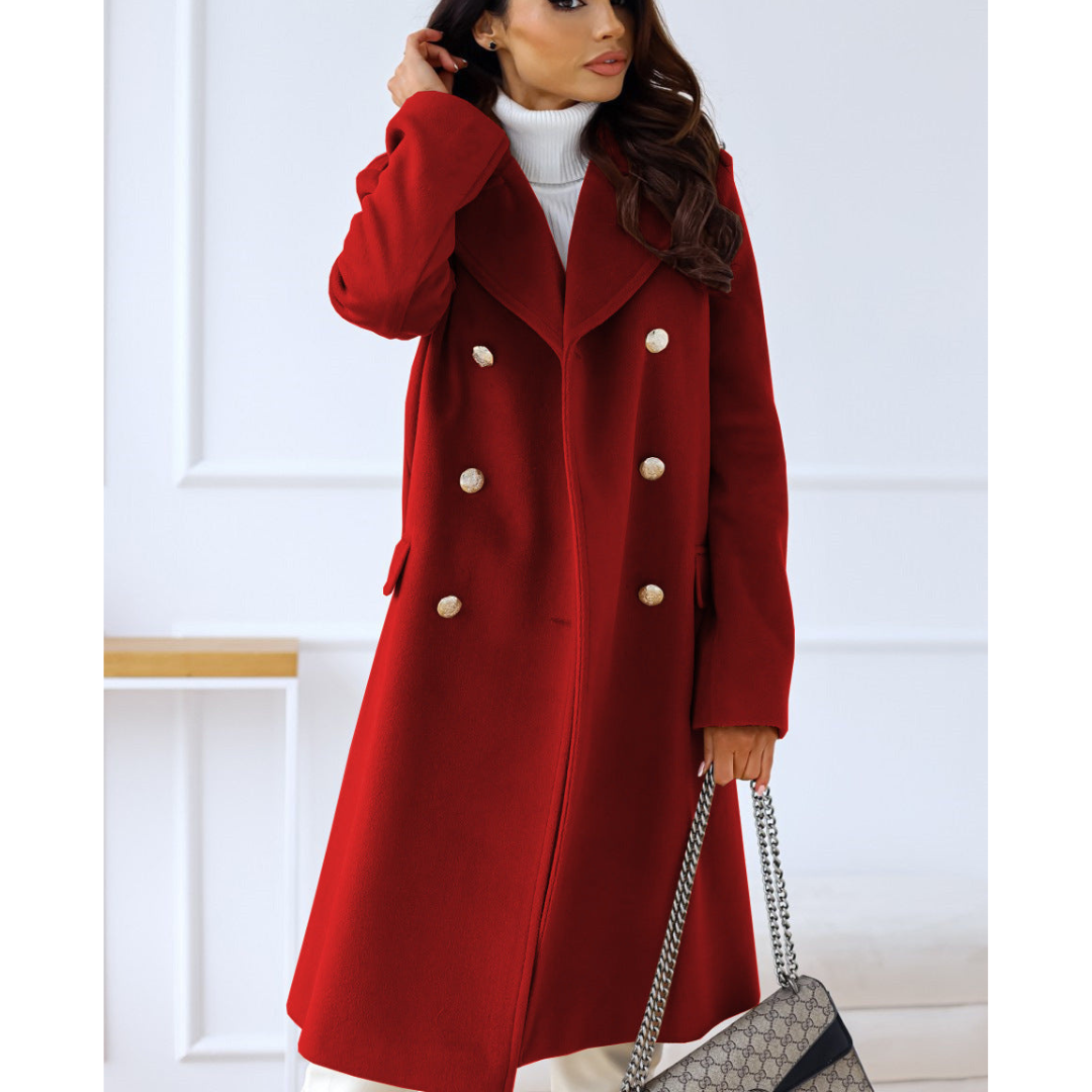 Double-Breasted Long Wool Coat | Tailored Fit with Gold Button Detail | Elegant Winter Outerwear