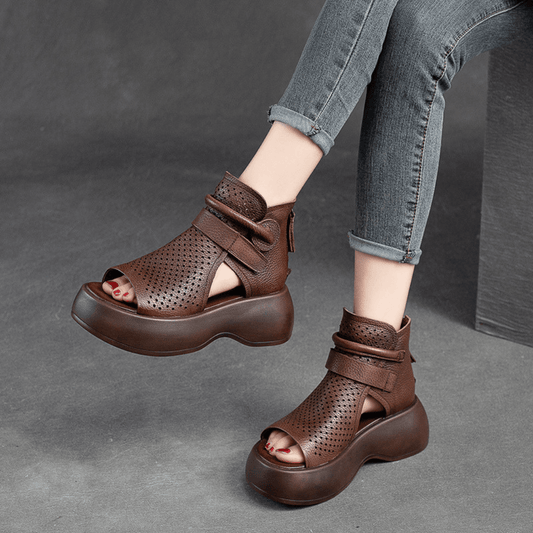 Perforated Leather Platform Sandals | Supportive Sole with Zip Closure