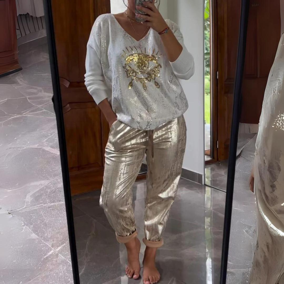 Metallic Gold Jogger Pants | Shiny Relaxed-Fit Trousers | Statement Lounge-to-Street Style