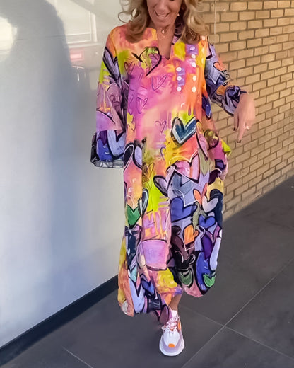Abstract Heart Print Midi Dress | Long Sleeve Oversized Fit | Artistic Casual Statement Look