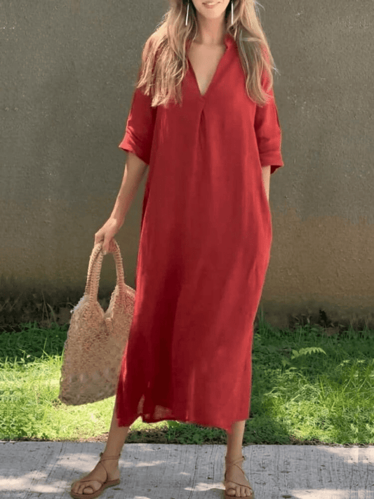V-Neck Linen Midi Dress | Relaxed Fit | Side Slit Detail