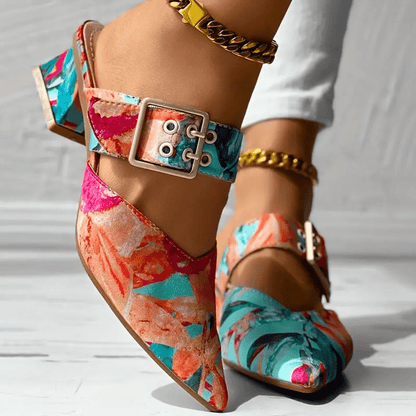 Pointed Buckle Strap Shoes | Bold Block Heel with Vibrant Floral Print