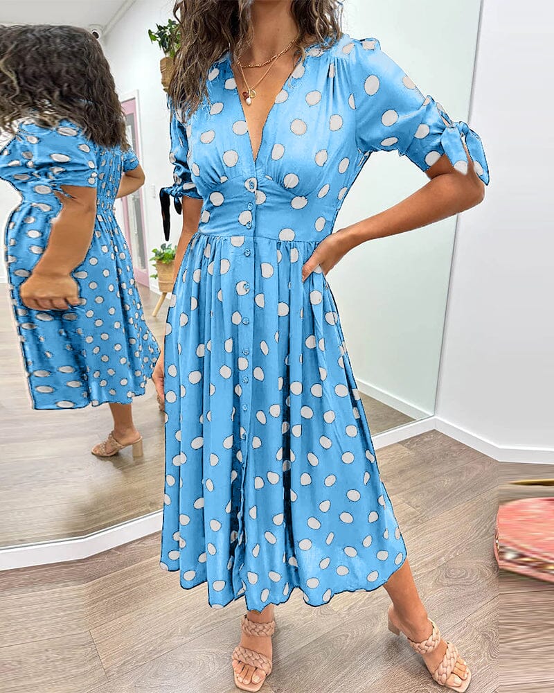 Polka Dot Wrap Midi Dress | V-Neck | Flowy Belted Fit