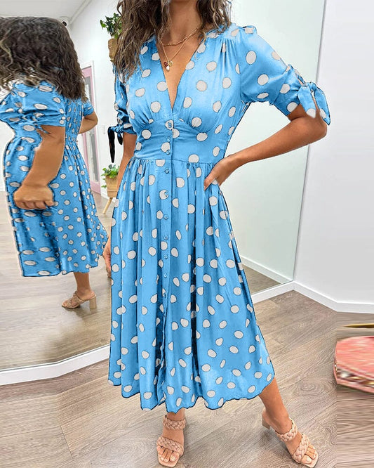 Polka Dot Wrap Midi Dress | V-Neck | Flowy Belted Fit