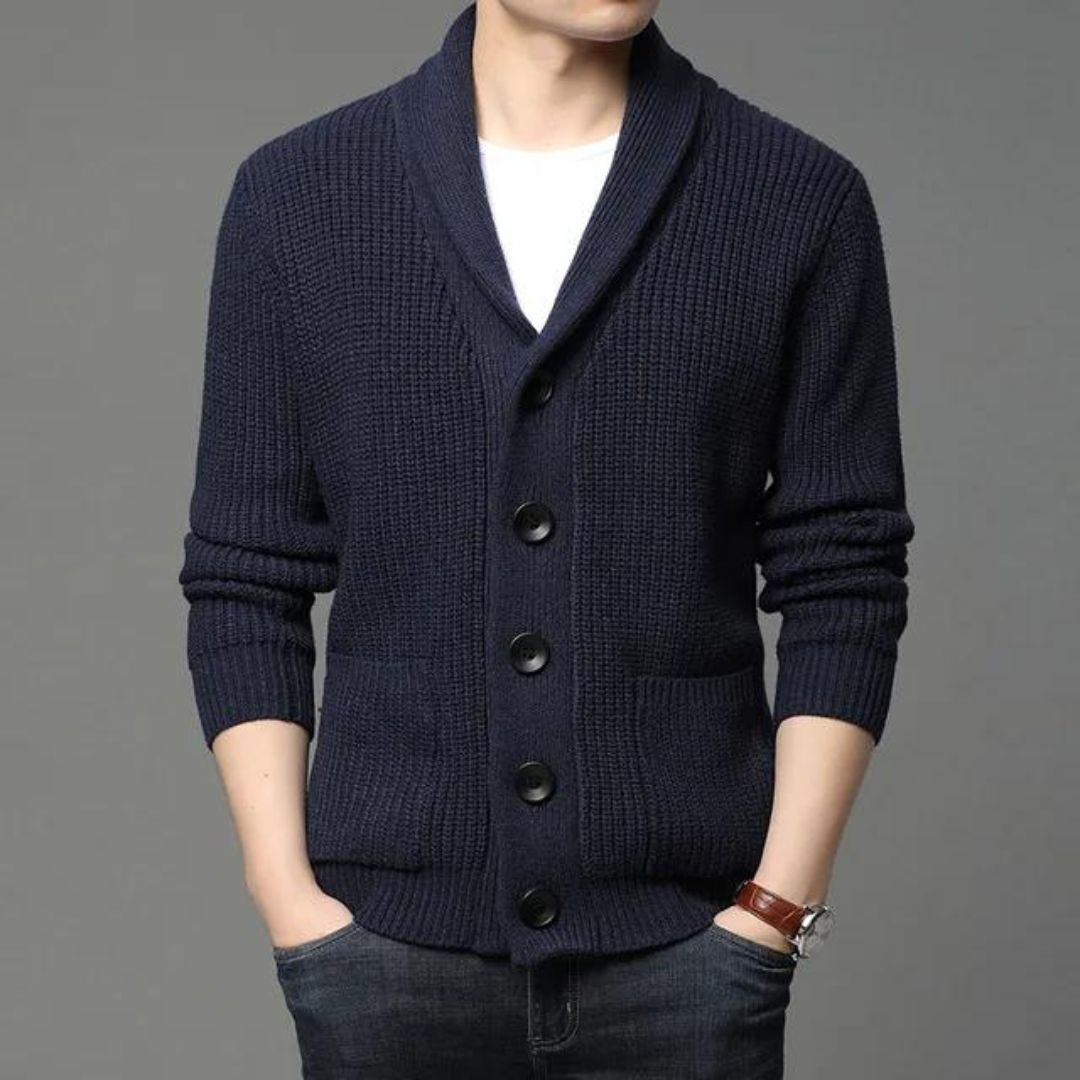 Men’s Shawl Collar Cardigan | Chunky Knit Sweater | Classic Button-Up Layer