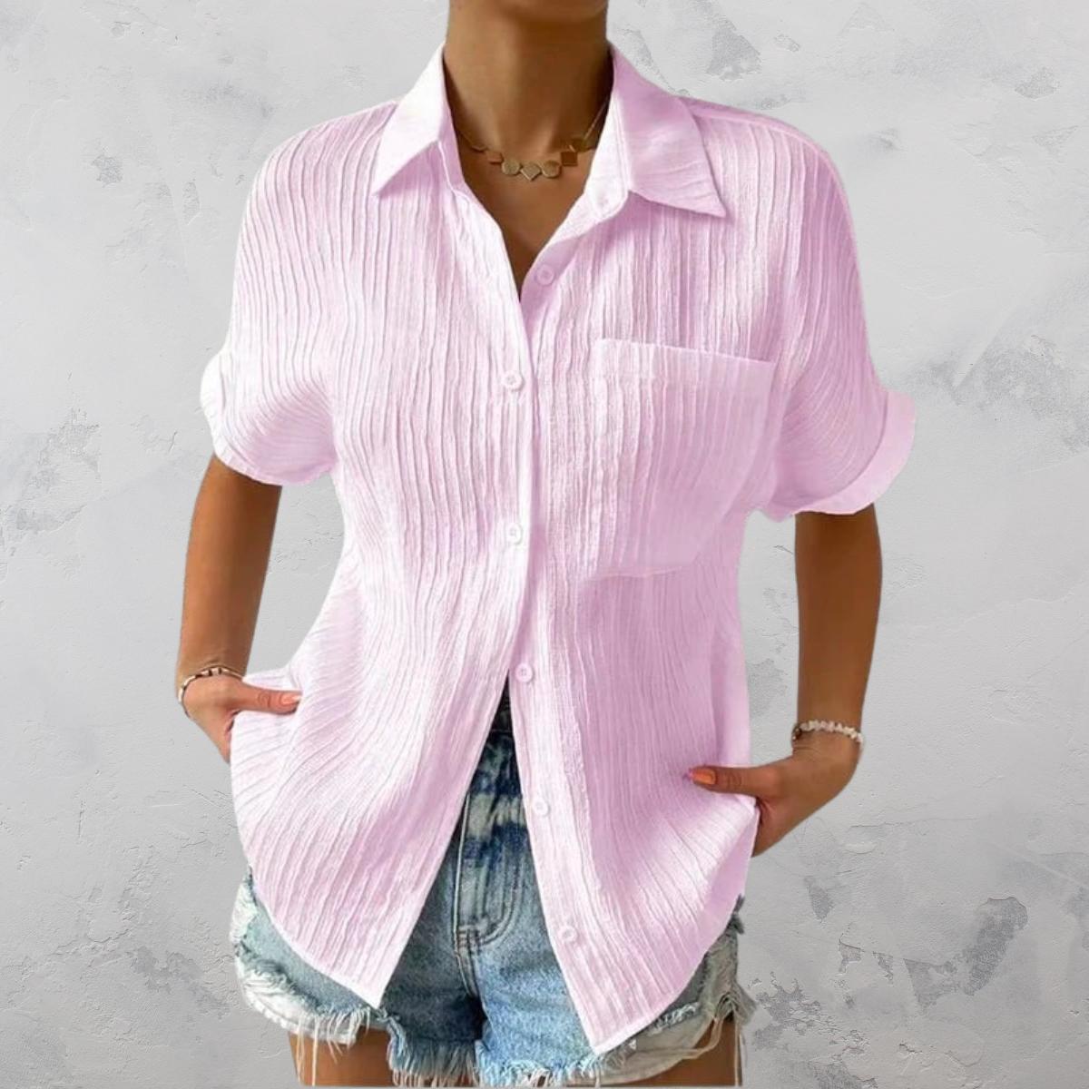 Women’s Crinkle Button-Up Shirt | Short Sleeve Summer Top | Lightweight Relaxed Fit