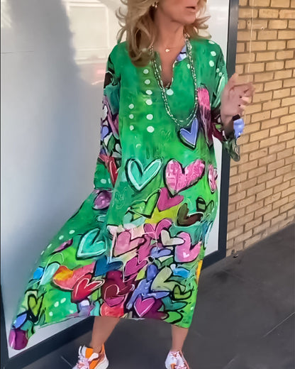 Abstract Heart Print Midi Dress | Long Sleeve Oversized Fit | Artistic Casual Statement Look