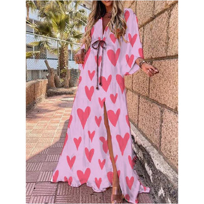 Heart Print Maxi Dress | Lightweight Tie Waist | Flowy Resort Cover-Up