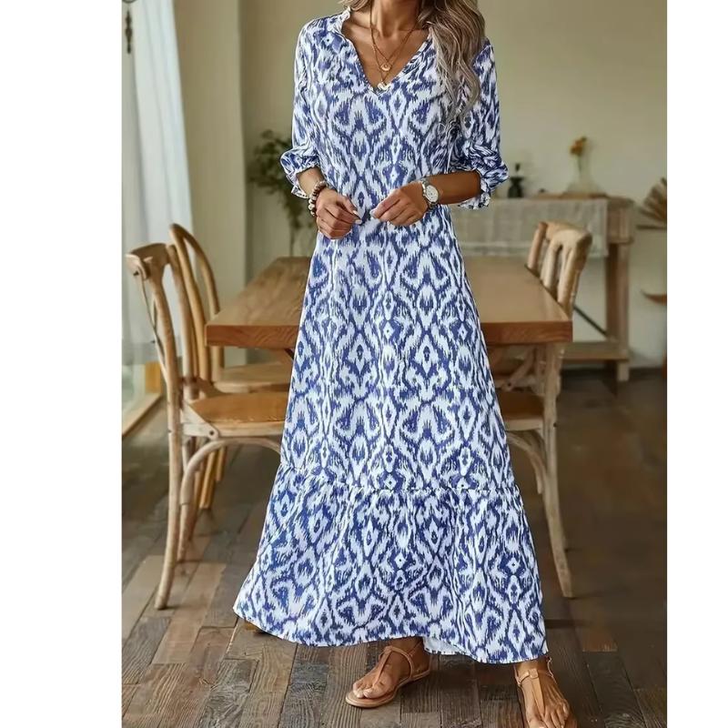 Boho Maxi Dress | Ikat Print | Lightweight V-Neck with Sleeves