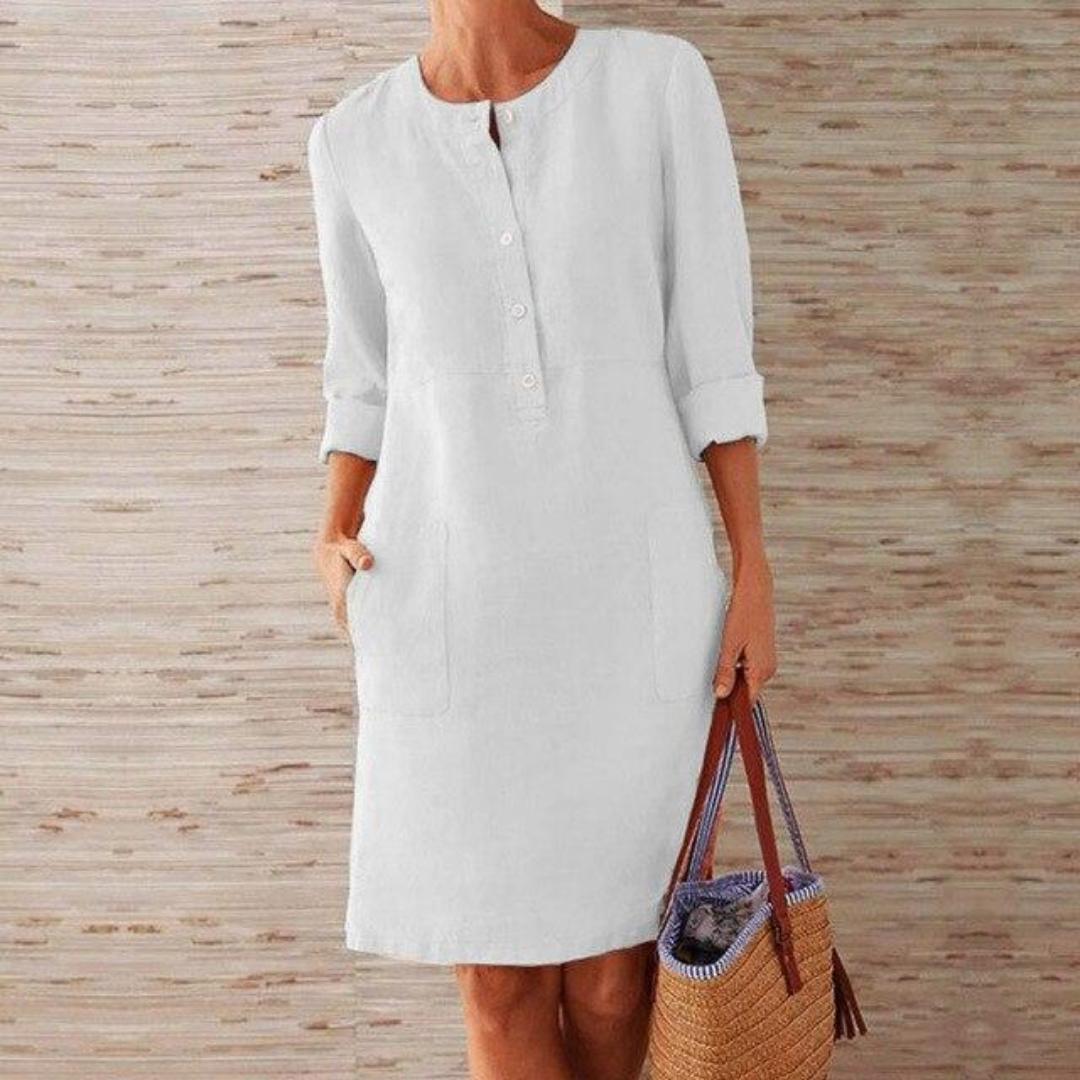 Women's Linen Blend Tunic Dress | Lightweight Casual Day Dress | Relaxed Fit with Pockets