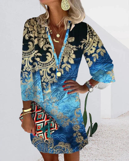 Women's Printed Tunic Dress | 3/4 Sleeve V-Neck | Casual Beach Cover-Up Dress