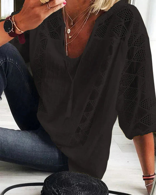 Women’s Crochet Panel Blouse | Lightweight Boho Top | 3/4 Sleeve Summer Tunic