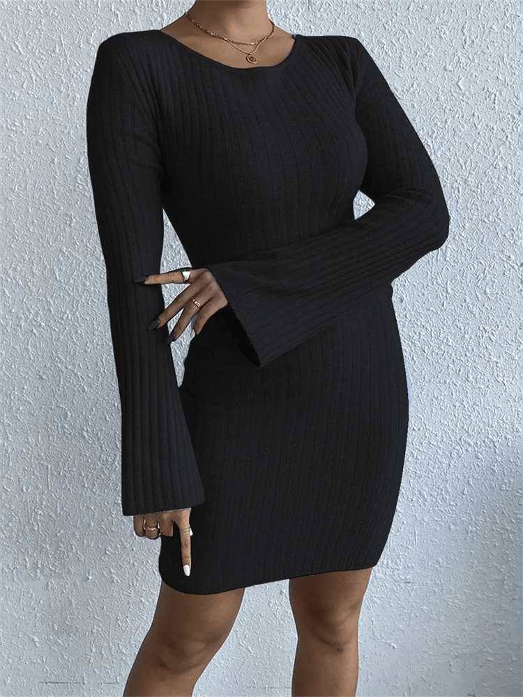 Ribbed Knit Mini Dress | Open Back Detail | Flared Sleeves | Elegant Stretch Fit