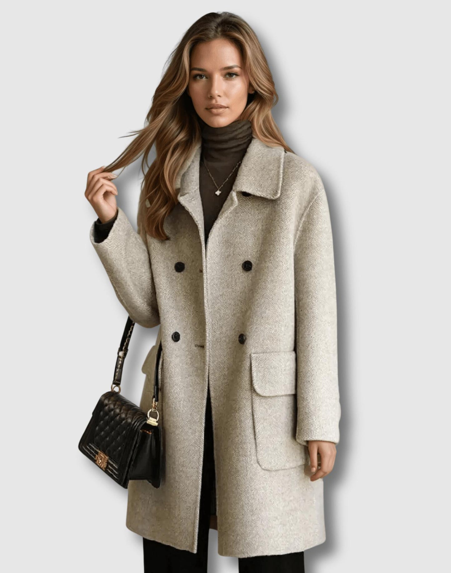 Wool-Blend Collar Coat | Boxy Mid-Length Outerwear with Patch Pockets
