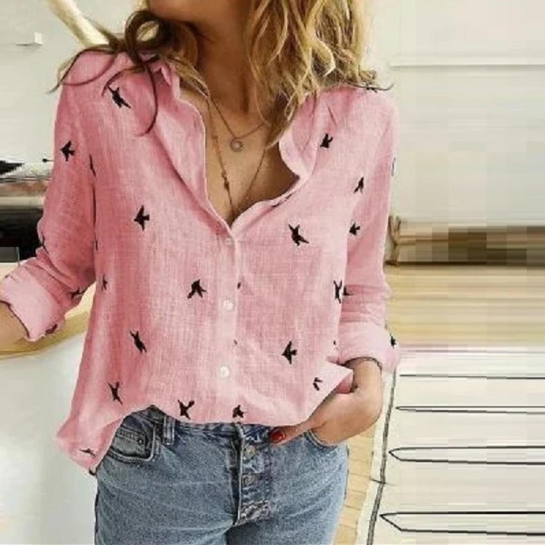 Embroidered Bird Button-Up | Lightweight Cotton Shirt | Relaxed Fit Blouse